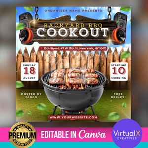 May include: A flyer for a backyard BBQ cookout on Sunday, August 18th, starting at 10 am. The flyer features a grill with food cooking on it, a wooden fence, and the text "Backyard BBQ Cookout".