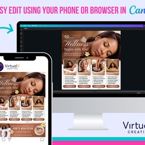 K&ouml;nnte beinhalten: Ein digitaler Marketing-Flyer f&uuml;r ein Spa und Wellness-Center. Der Flyer zeigt eine Frau, die sich auf einer Massageliege entspannt, und eine Liste der angebotenen Dienstleistungen, darunter Massagetherapie, Gesichts- und Hautpflege, Hand- und Fu&szlig;pflege sowie Wellness- und ganzheitliche Behandlungen. Der Flyer enth&auml;lt auch den Text "Wellness Begins with You!" sowie die Telefonnummer und die Website-Adresse des Spas.