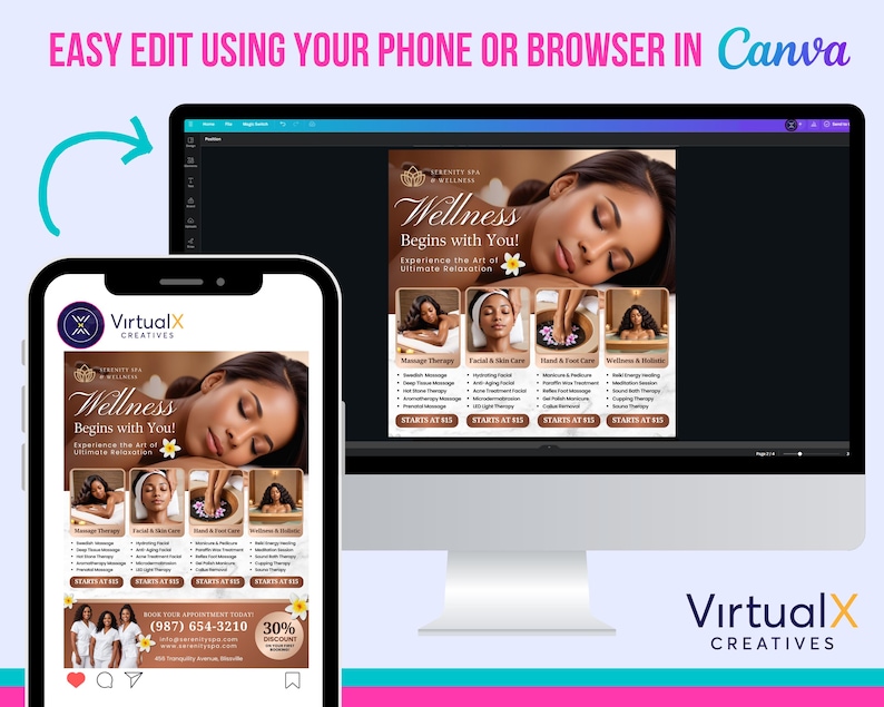 K&ouml;nnte beinhalten: Ein digitaler Marketing-Flyer f&uuml;r ein Spa und Wellness-Center. Der Flyer zeigt eine Frau, die sich auf einer Massageliege entspannt, und eine Liste der angebotenen Dienstleistungen, darunter Massagetherapie, Gesichts- und Hautpflege, Hand- und Fu&szlig;pflege sowie Wellness- und ganzheitliche Behandlungen. Der Flyer enth&auml;lt auch den Text "Wellness Begins with You!" sowie die Telefonnummer und die Website-Adresse des Spas.