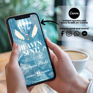May include: A smartphone displays a baby shower invitation with a blue hot air balloon, angel wings, and the text "HEAVEN SENT!" The invitation includes the name Georgina Blake and event details. The Canva logo and social media icons are also visible.