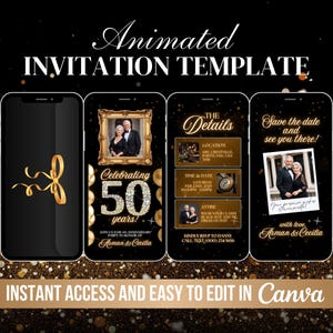 Faire-part 50e anniversaire animé, invitation à une fête d'anniversaire 50e anniversaire dorée, invitation numérique pour vidéo de mariage 50e anniversaire, noir et or modifiable