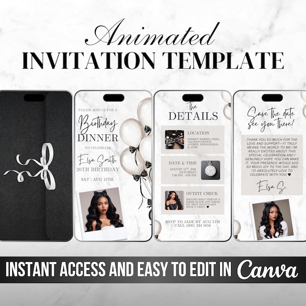 Black and White Bow Birthday Invitation, Minimalist Birthday Dinner, Digital Elegant Video, Animated Coquette Invite, DIY Canva Template