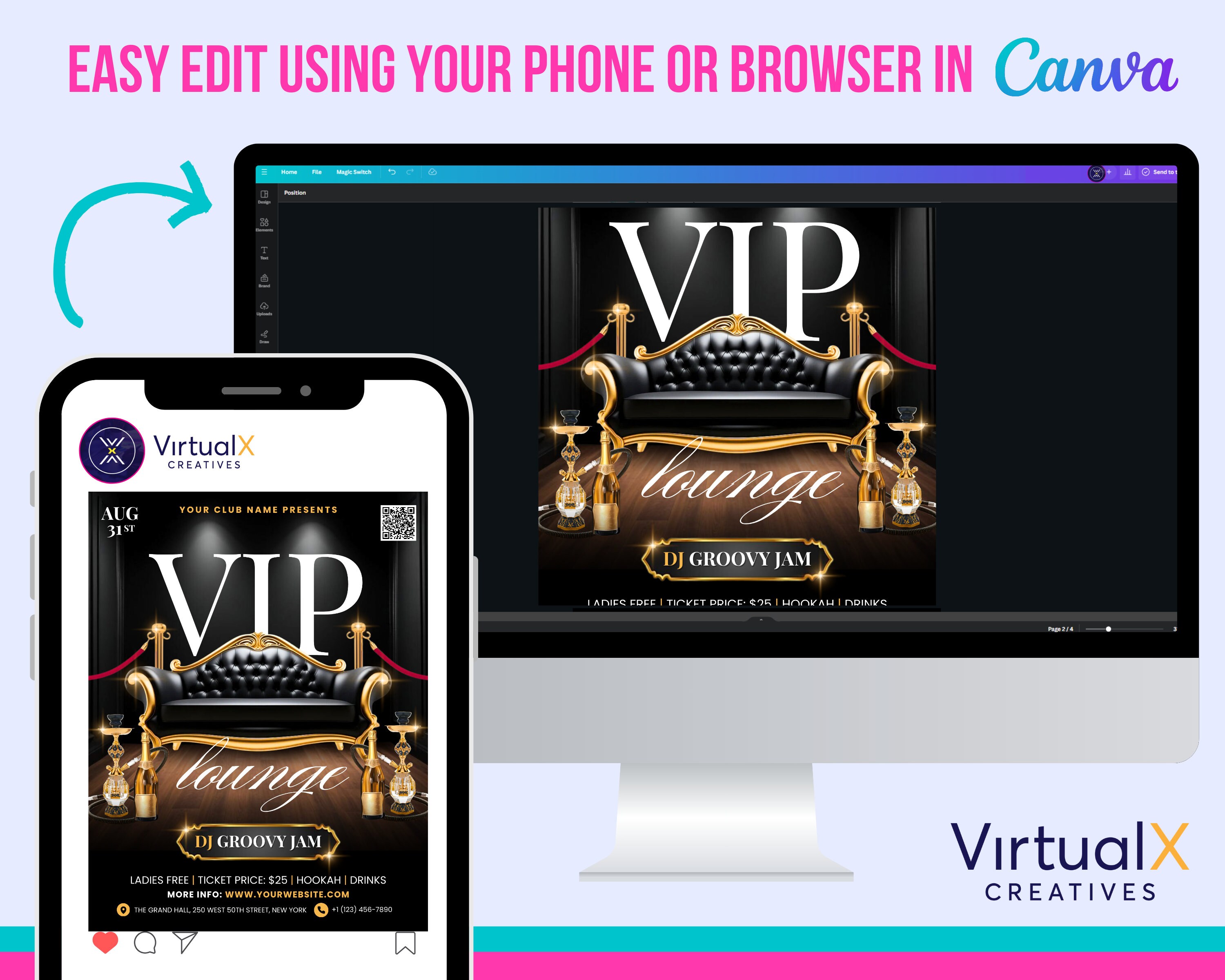 Diy Vip Sign VIP Lounge Club Template, Luxury Vip DJ Party Invite Flyer, Black and ...