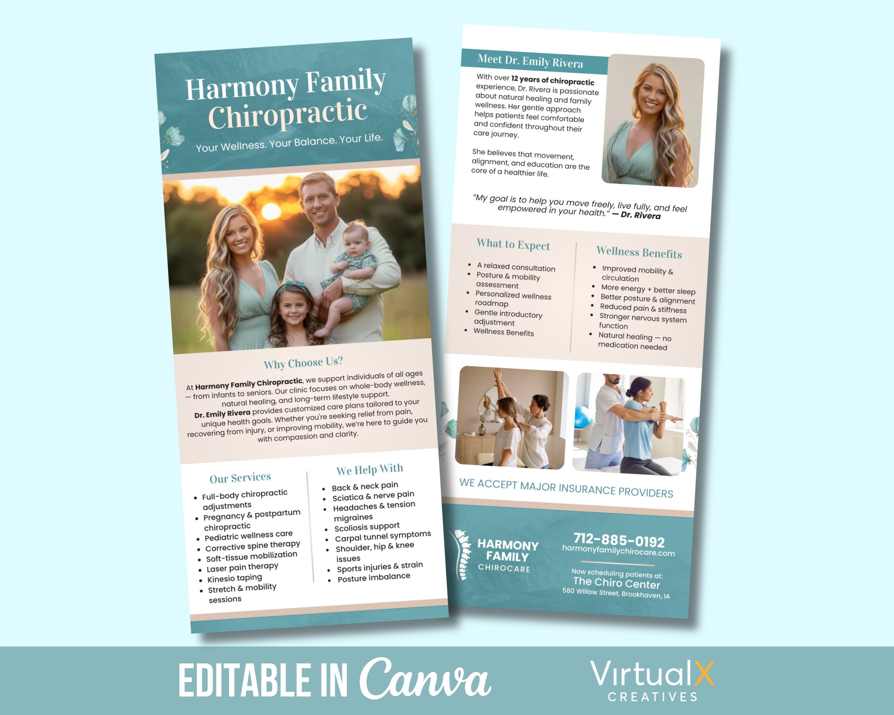 Chiropractic Office Rack Cards, Editable Family Wellness Canva Template ...