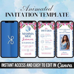 May include: A digital invitation template for a 40th birthday party. The template features a blue and white floral design with a disco ball and the text "Mamma Mia! Jasmine is turning 40!" The template also includes details about the party, such as the date, time, and location.