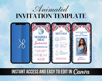 Puede incluir: Una plantilla de invitación digital para una fiesta de cumpleaños número 40. La plantilla presenta un diseño floral azul y blanco con una bola de discoteca y el texto "Mamma Mia! Jasmine cumple 40!" La plantilla también incluye detalles sobre la fiesta, como la fecha, la hora y la ubicación.