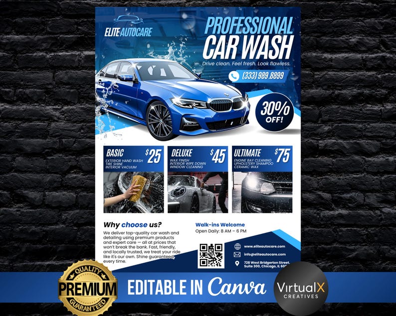 May include: A blue and white car wash advertisement with a blue car. The ad offers a 30% discount and lists car wash packages: Basic ($25), Deluxe ($45), and Ultimate ($75). The ad includes the text "Professional Car Wash" and "Elite Autocare."