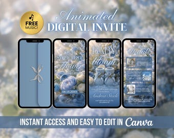 Baby in Bloom Baby Shower Invitation | Floral Dusty Blue Invite | Editable Boy Babyshower | Animated Canva Evite | Boho Theme