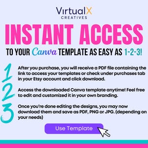 May include: A pink and blue graphic with the text "INSTANT ACCESS TO YOUR Canva TEMPLATE AS EASY AS 1-2-3!" and a numbered list of instructions for accessing a Canva template. The graphic also includes a blue button that says "Use Template".