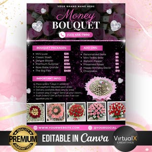 Lista de precios de ramos de dinero, lista de precios de floristería, lista de precios imprimible de lujo editable, menú de ramos de flores, negocio de floristería, Canva DIY