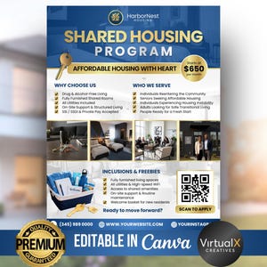 Puede incluir: Un folleto promocional para el Programa de Vivienda Compartida de HarborNest Housing. El folleto presenta un gráfico de llave dorada, imágenes de habitaciones amuebladas y un código QR. El texto incluye "Vivienda Asequible con Corazón" y detalles sobre el programa.