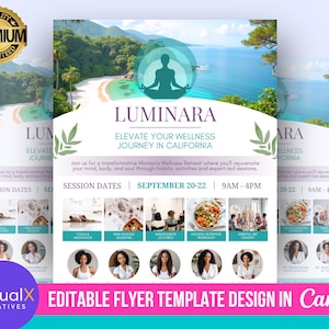 Op de afbeelding: Een flyer voor een wellness-retraite voor vrouwen in Californi&euml; genaamd Luminara. De flyer toont een vrouw die mediteert op een strand met een blauwe lucht en groene bomen op de achtergrond. De tekst op de flyer luidt "Elevate Your Wellness Journey in California" en "September 20-22, 9AM-4PM".