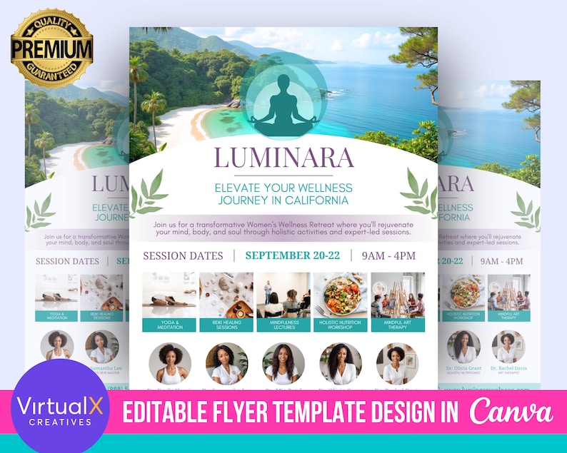 Op de afbeelding: Een flyer voor een wellness-retraite voor vrouwen in Californi&euml; genaamd Luminara. De flyer toont een vrouw die mediteert op een strand met een blauwe lucht en groene bomen op de achtergrond. De tekst op de flyer luidt "Elevate Your Wellness Journey in California" en "September 20-22, 9AM-4PM".
