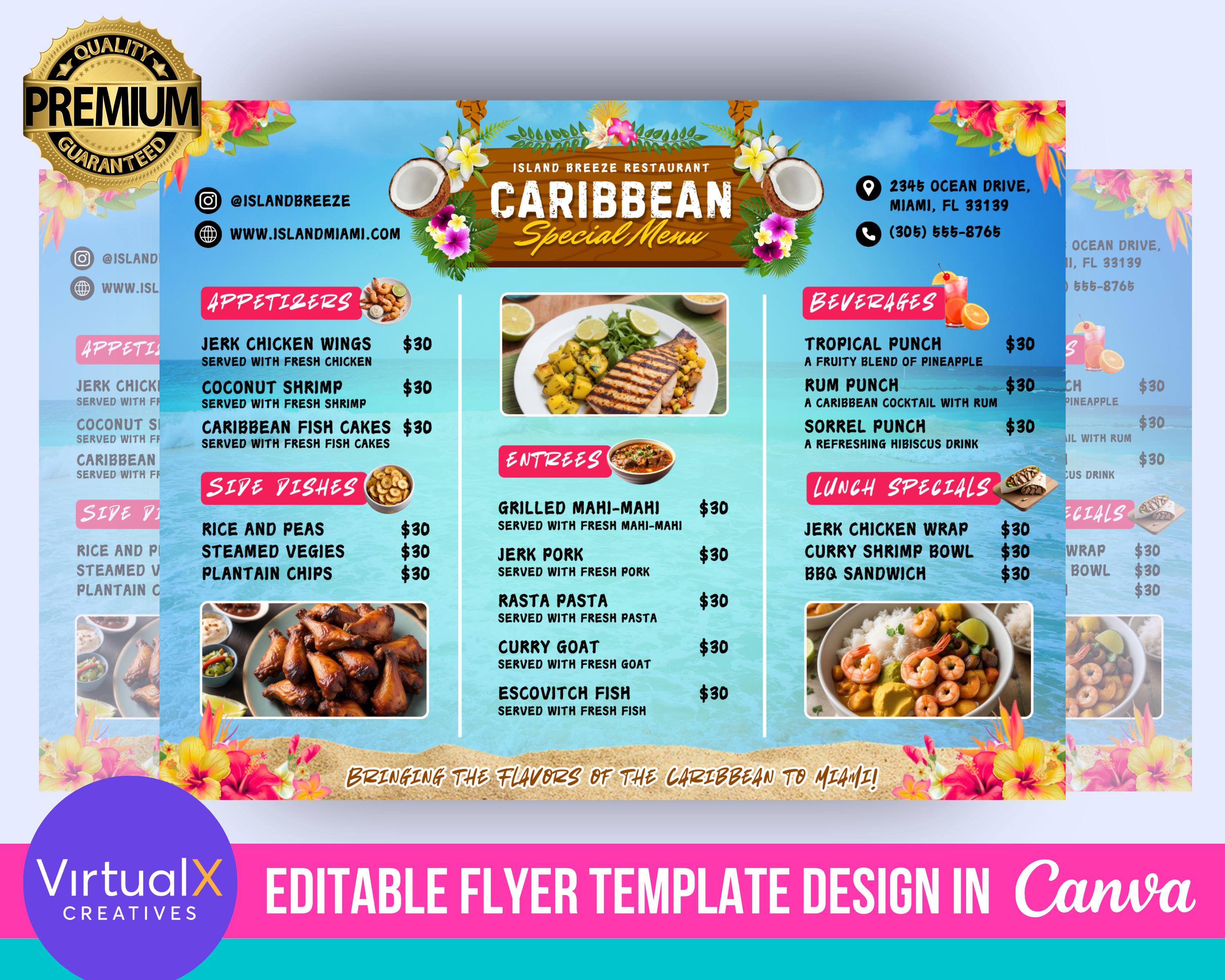 Caribbean Food Menu Flyer, Jamaican Restaurant Menu, Haitian Food Menu,  Editable Catering Menu, Printable Food Sale Menu, DIY Canva Template - Etsy, image size:3000x2400