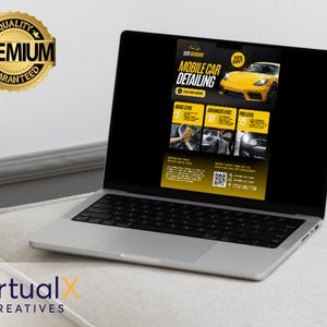 May include: A laptop computer displaying a flyer for mobile car detailing services. The flyer features a yellow car, a QR code, and pricing information for three different levels of service: Basic, Advanced, and Pro. The flyer also includes the text "Elite Auto Shine" and "Mobile Car Detailing".