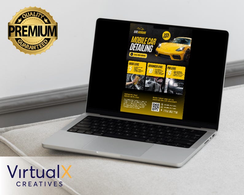 May include: A laptop computer displaying a flyer for mobile car detailing services. The flyer features a yellow car, a QR code, and pricing information for three different levels of service: Basic, Advanced, and Pro. The flyer also includes the text "Elite Auto Shine" and "Mobile Car Detailing".