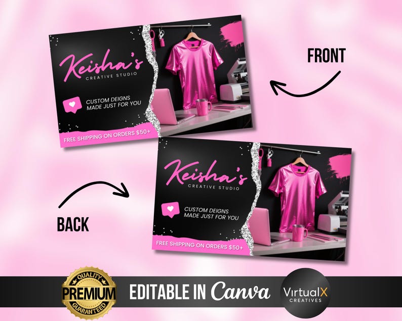 May include: A business card design with the "Keisha's Creative Studio" logo in pink script on a black background. The card shows a pink t-shirt on a hanger, a laptop, and a mug. The text "CUSTOM DESIGNS MADE JUST FOR YOU" is also included.