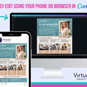 May include: A mockup of a phone screen displaying a business card for Dr. Lily Harrison, PhD, a Licensed Clinical & Counseling Psychologist. The card features a photo of Dr. Harrison, a list of services offered, and contact information. The text "VirtualX CREATIVES" appears at the top and bottom of the image.