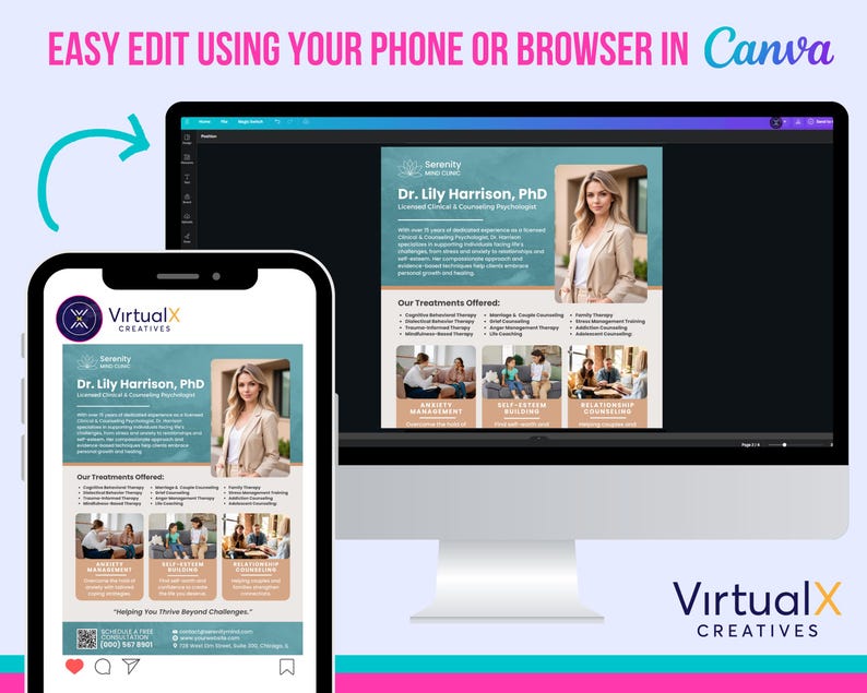 May include: A mockup of a phone screen displaying a business card for Dr. Lily Harrison, PhD, a Licensed Clinical & Counseling Psychologist. The card features a photo of Dr. Harrison, a list of services offered, and contact information. The text "VirtualX CREATIVES" appears at the top and bottom of the image.
