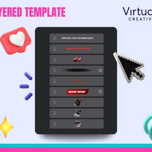 May include: A digital graphic with the text "LAYERED TEMPLATE" and "Virtual X CREATIVES". The graphic includes a tablet-like interface with the text "WHAT WE OFFER" and "BOOK NOW!". A cursor hovers over the interface, with a heart icon and other decorative elements.
