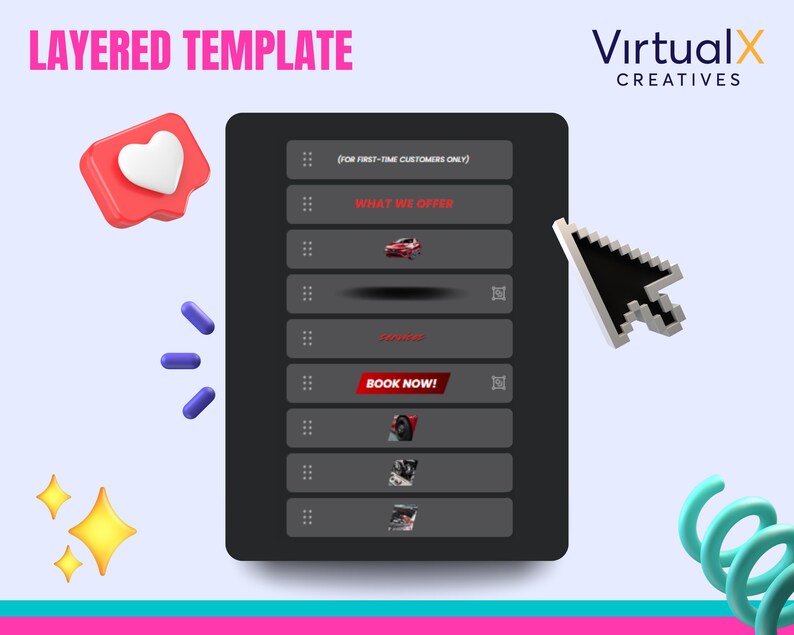 May include: A digital graphic with the text "LAYERED TEMPLATE" and "Virtual X CREATIVES". The graphic includes a tablet-like interface with the text "WHAT WE OFFER" and "BOOK NOW!". A cursor hovers over the interface, with a heart icon and other decorative elements.
