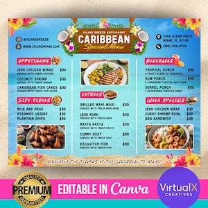 Folleto de menú de comida caribeña, menú de restaurante jamaicano, menú de comida haitiana, menú de catering editable, menú de venta de comida imprimible, plantilla de Canva para armar