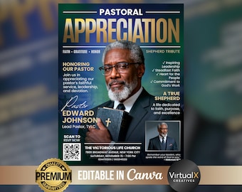 Folleto de aniversario pastoral / Plantilla de revista de agradecimiento al pastor / Folleto editable para eventos de la iglesia / Cartel de servicio de adoración cristiana / Canva