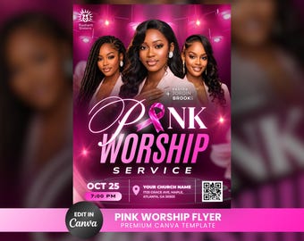 Volantino rosa per il culto / Servizio religioso modificabile / Evento del ministero femminile / Modello Canva per la sensibilizzazione sul cancro al seno