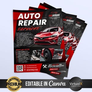 May include: A stack of auto repair service flyers. The flyers feature a red car graphic, the text "AUTO REPAIR SERVICES", and the business name "ELITE AUTOCARE". The flyers also list services offered and a QR code.