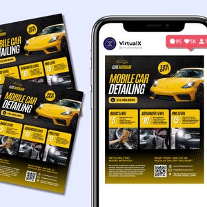 May include: A black and yellow flyer advertises mobile car detailing services. The flyer features a yellow sports car and lists three service levels with prices: Basic Level &pound;5, Advanced Level &pound;10, and Pro Level &pound;15. The flyer also includes a QR code and the text "Book today and get as much as 30% off discount!"