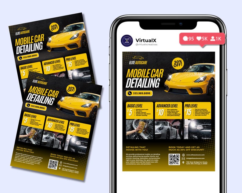 May include: A black and yellow flyer advertises mobile car detailing services. The flyer features a yellow sports car and lists three service levels with prices: Basic Level &pound;5, Advanced Level &pound;10, and Pro Level &pound;15. The flyer also includes a QR code and the text "Book today and get as much as 30% off discount!"