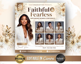Women’s Meeting Conference Flyer, Guest Speaker Event, Women’s Ministry & Retreat Flyer, Networking,  Beige Floral Editable Canva Template