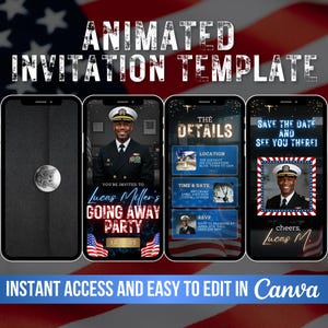 Peut inclure: Modèle d'invitation animée sur fond patriotique. Le design présente quatre smartphones affichant les détails de l'événement, dont une photo d'une personne en uniforme de la marine, le lieu, l'heure et les informations RSVP. Le texte comprend "Lucas Miller's Going Away Party."