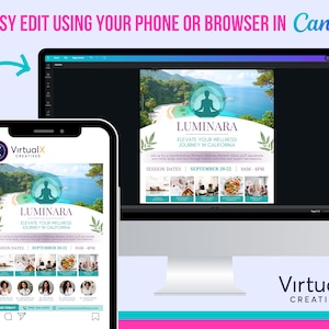 Op de afbeelding: Een mobiel telefoonscherm dat een social media-post toont voor een wellness-retreat genaamd Luminara. De post bevat een foto van een tropisch strand met een persoon die op de voorgrond mediteert. De tekst op de post luidt "Luminara: Elevate Your Wellness Journey in California." De post bevat ook sessiedata en -tijden. De post is van VirtualX Creatives.