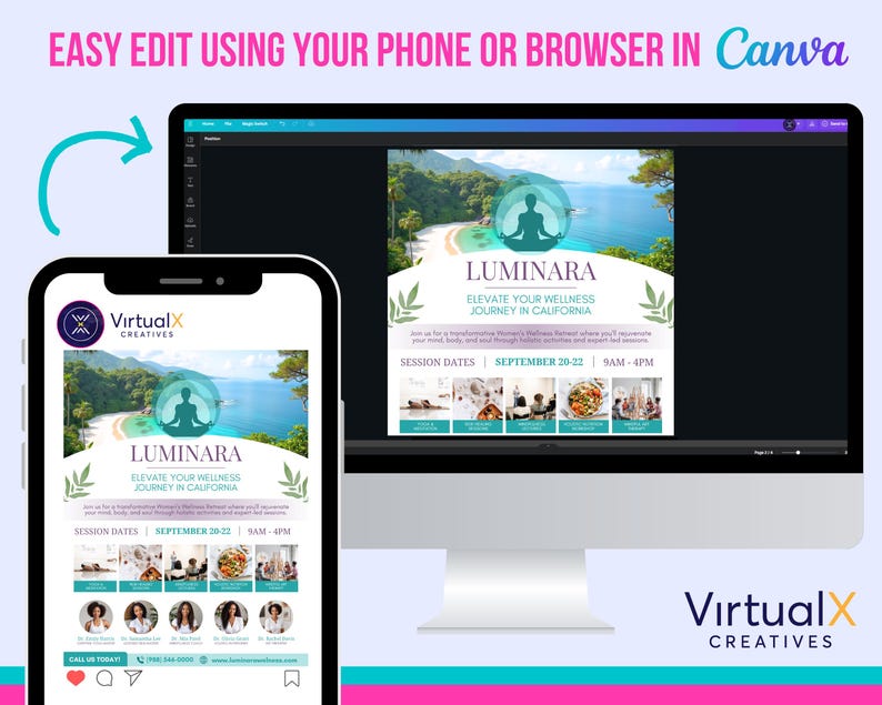 Op de afbeelding: Een mobiel telefoonscherm dat een social media-post toont voor een wellness-retreat genaamd Luminara. De post bevat een foto van een tropisch strand met een persoon die op de voorgrond mediteert. De tekst op de post luidt "Luminara: Elevate Your Wellness Journey in California." De post bevat ook sessiedata en -tijden. De post is van VirtualX Creatives.