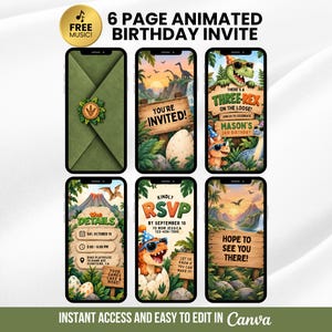 Invitación de cumpleaños número 3 con temática de dinosaurios T-Rex, video animado de fiesta en la jungla con temática de T-Rex, plantilla editable de Canva para invitación de fiesta infantil con gorro.