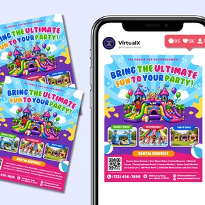 Plantilla de folleto para alquiler de castillos hinchables, fiestas infantiles, anuncios de alquiler de inflables, toboganes acuáticos, alquiler de carpas, sillas y mesas, marketing para fiestas de saltos en Canva imagen 3