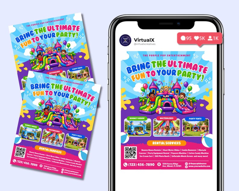 Plantilla de folleto para alquiler de castillos hinchables, fiestas infantiles, anuncios de alquiler de inflables, toboganes acuáticos, alquiler de carpas, sillas y mesas, marketing para fiestas de saltos en Canva imagen 3
