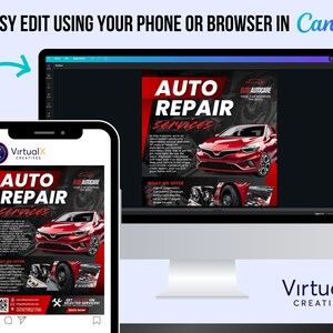 May include: A digital advertisement for auto repair services, displayed on a smartphone and a computer monitor. The ad features a red car and the text "AUTO REPAIR SERVICES". The ad also includes the text "EASY EDIT USING YOUR PHONE OR BROWSER IN Canva".