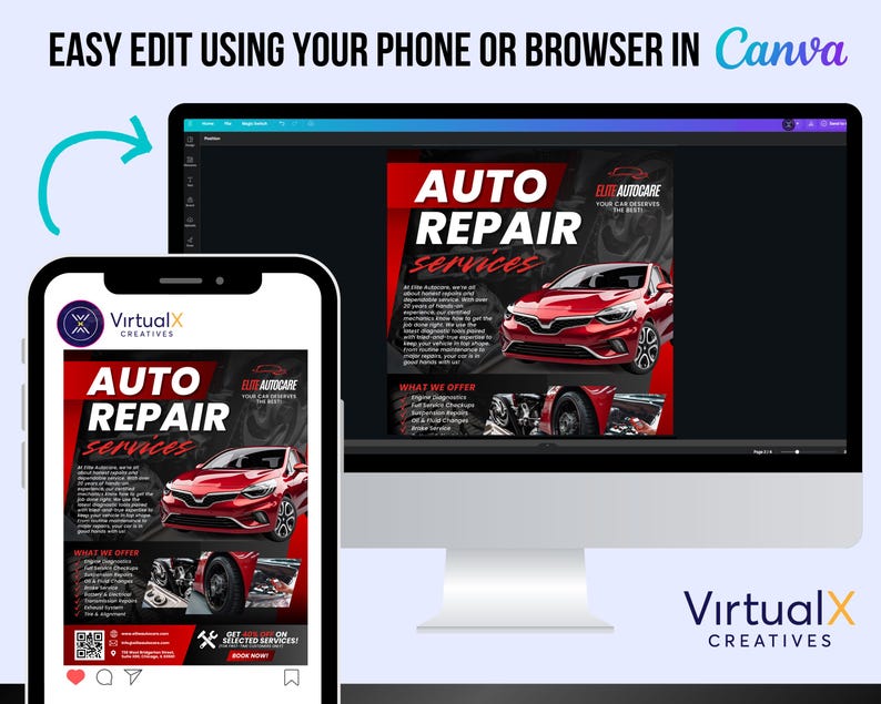 May include: A digital advertisement for auto repair services, displayed on a smartphone and a computer monitor. The ad features a red car and the text "AUTO REPAIR SERVICES". The ad also includes the text "EASY EDIT USING YOUR PHONE OR BROWSER IN Canva".