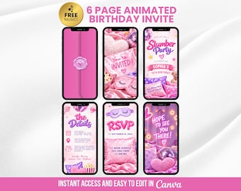 Invito per pigiama party di compleanno, video animato per festa in pigiama tra ragazze, modello Canva modificabile per invito a una serata in pigiama