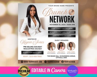 May include: A flyer for a Brunch & Network event on November 16, 2024, from 10 AM to 3 PM. The flyer features a woman in a white blazer and black hair, and the text "Learn to build your own empire", "Networking strategies for success", and "Marketing your own brand".