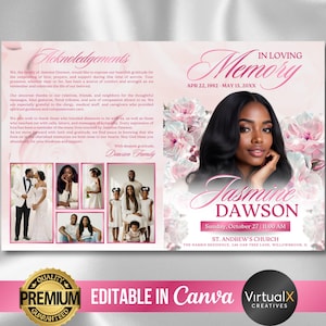 Begrafenisprogramma van 4 pagina's, in liefdevolle herinnering, doodsbrief, rust in vrede, viering van het leven, sjabloon roze rozen in tweeën gevouwen begrafenisprogramma, canva