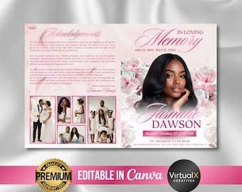 4 Page Funeral Program, In Loving Memory, Obituary, Rest In Peace, Celebration of Life, Pink Roses Bi-Fold Funeral Program Template, Canva