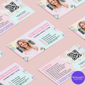 May include: Business cards with a pink and white design featuring a photo of a woman, contact information, and a QR code. The cards promote literacy tutoring services and list the services offered.