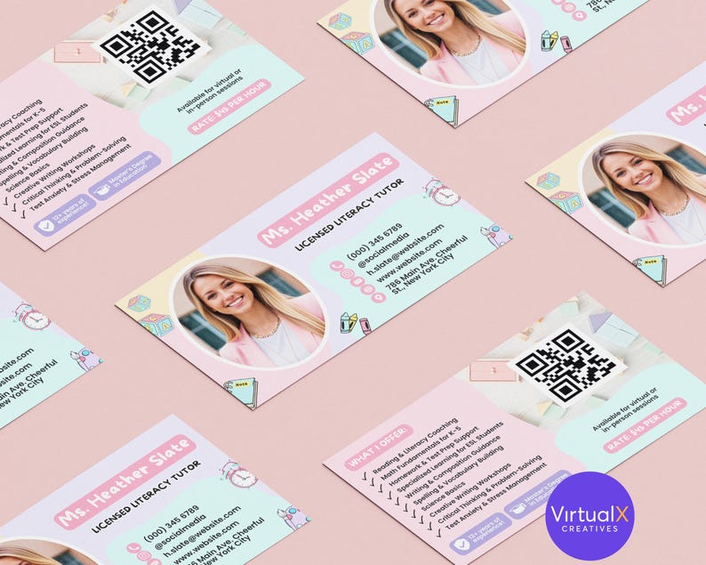 May include: Business cards with a pink and white design featuring a photo of a woman, contact information, and a QR code. The cards promote literacy tutoring services and list the services offered.