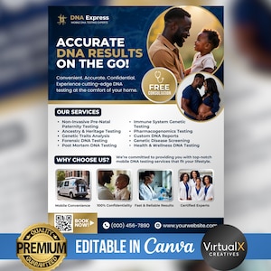 Mobile Lab Testing Flyer, Medical DNA Testing, DNA Lab Service, Paternity Testing, Medical Healthcare Business, DOT Specimen Canva Template