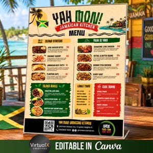 May include: A vertical menu sign for Yah Mon! Jamaican Kitchen featuring a beige background with red, green, and yellow accents. The menu lists various food items like jerk chicken, beef patties, and bowls, with a QR code and contact details at the bottom.