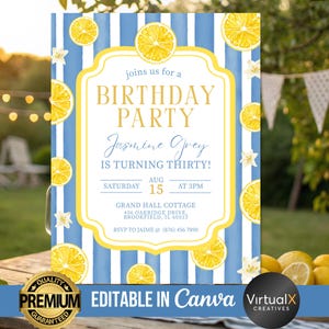 Lemon Summer Birthday Invitation, Citrus Fruit Party Invite, Kids Adult Garden Party, Hand Illustrated Lemon Template, Canva DIY