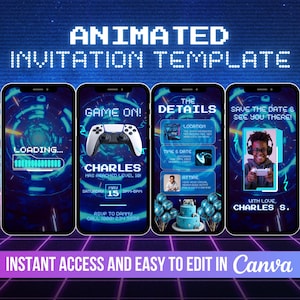 Puede incluir: Cuatro invitaciones digitales animadas para una fiesta de cumpleaños con temática de videojuegos. Las invitaciones presentan un esquema de color azul y negro con texto y gráficos pixelados. El texto en las invitaciones dice "Cargando...", "¡Juego en marcha!", "Los detalles" y "¡Guarda la fecha y nos vemos allí!" Las invitaciones también presentan un mando de videojuegos, un pastel de cumpleaños y una persona con auriculares.